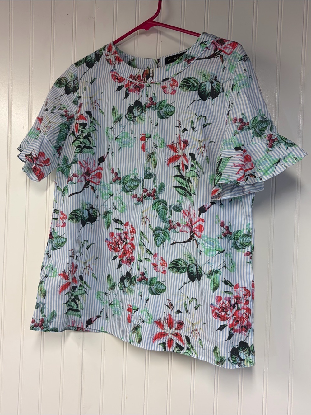 Banana Republic Floral Stripe Ruffle Sleeve Blouse - White/Green/Pink Medium